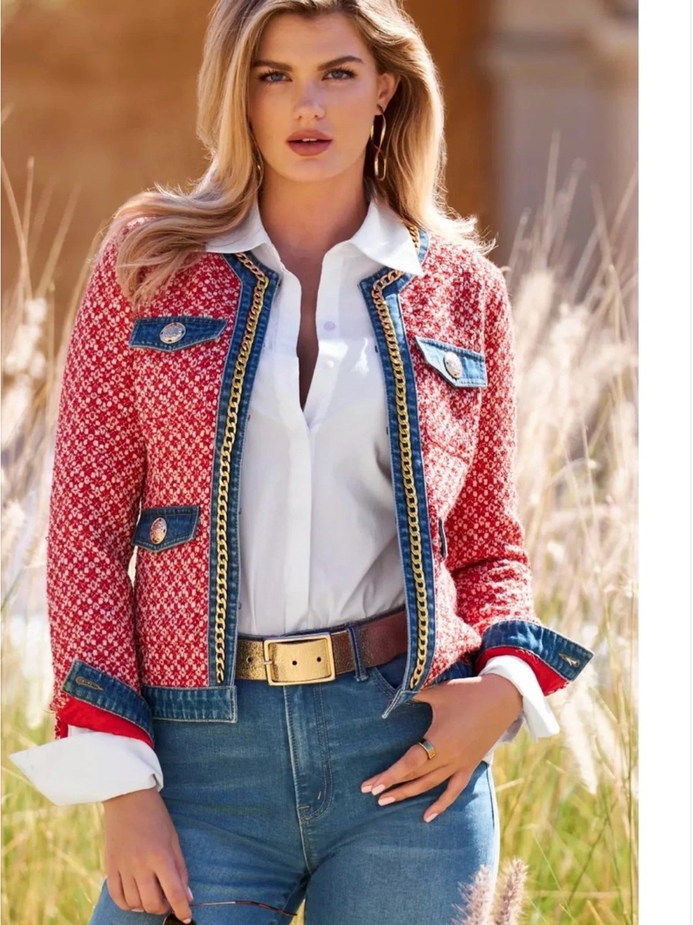 Boston Proper Red Tweed Jacket with Denim Trim and Gold Chain